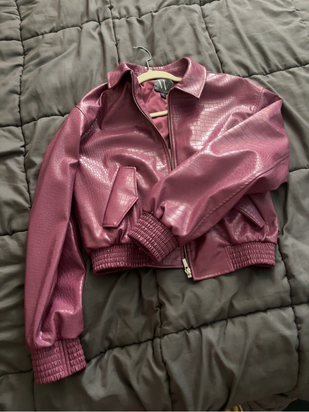 Worthington Croc Embossed Faux Leather Cropped Bomber Jacket Plum Size M